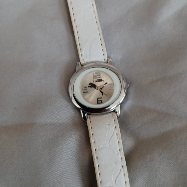 Puma White Leather Logo Monogram Band Silver Watch With Black Symbol Timepiece